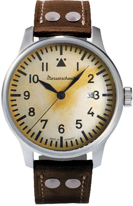 Messerschmitt herrklocka med brunt läderarmband och gulaktig urtavla