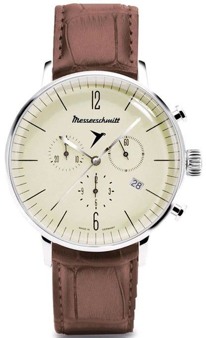 Messerschmitt herrklocka med beige urtavla och brunt läderarmband, metallboett