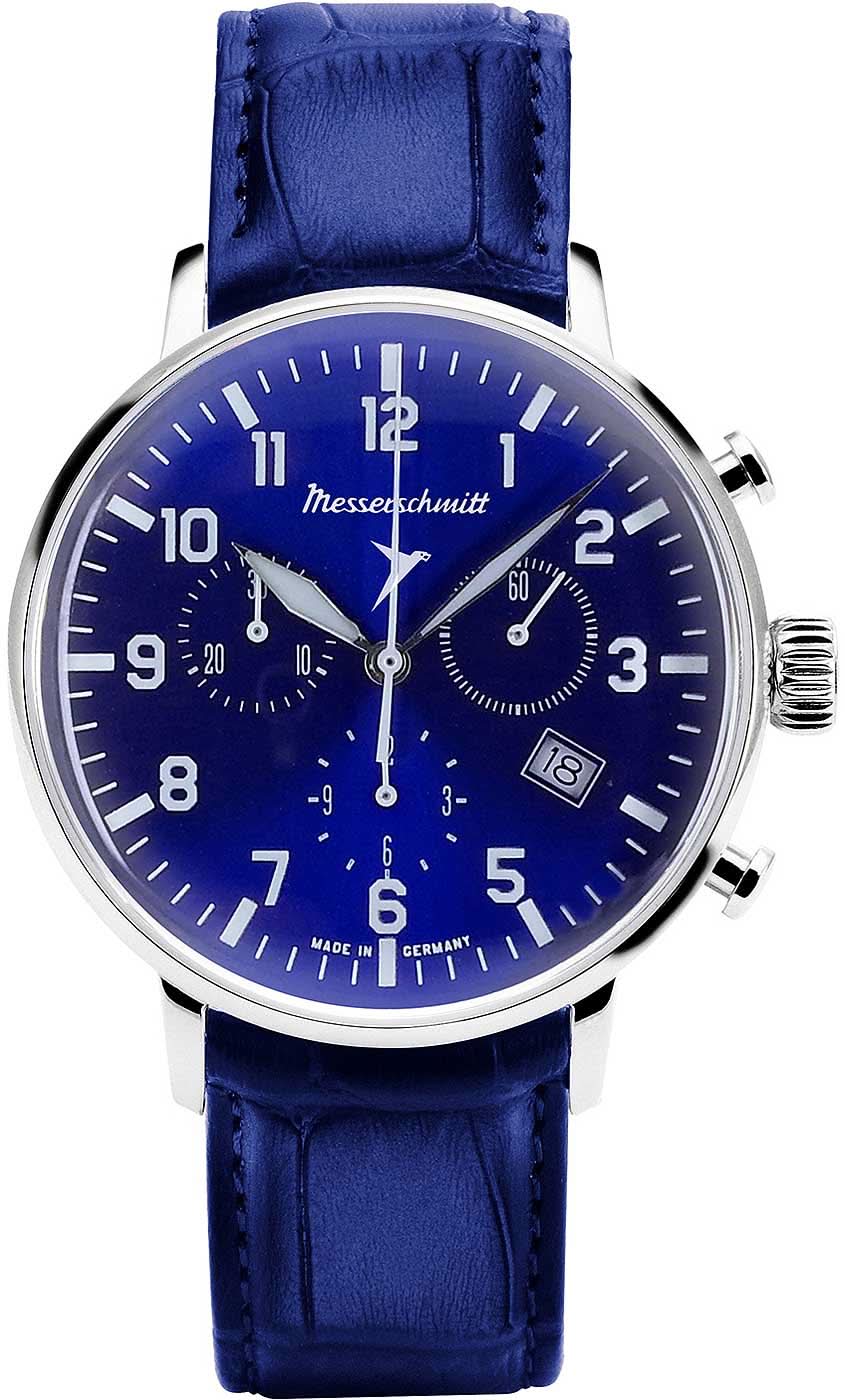 Herrklocka från Messerschmitt med blå urtavla, kronografvisning och blått läderarmband