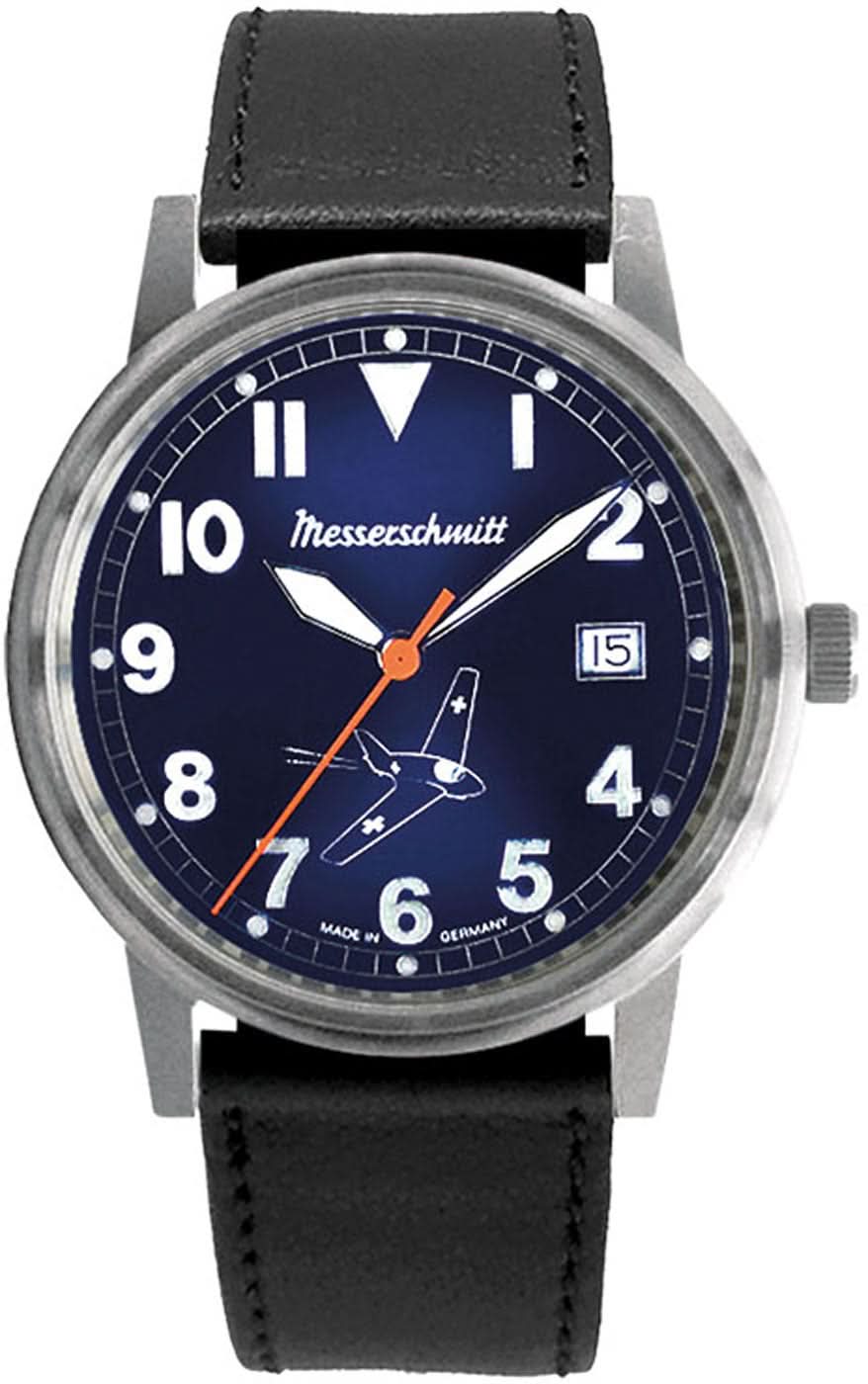 Herrklocka med rund blå urtavla, svart läderarmband och orange detaljer