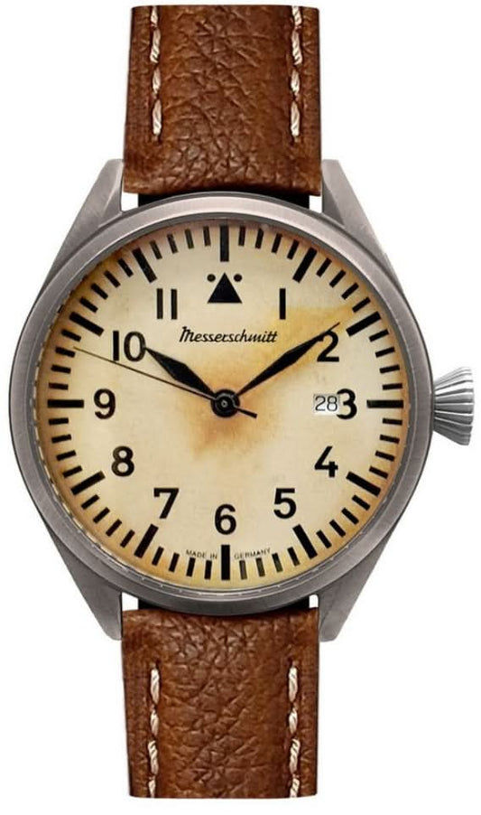 Vintage herrklocka med beige urtavla och brunt läderband, rund metallring