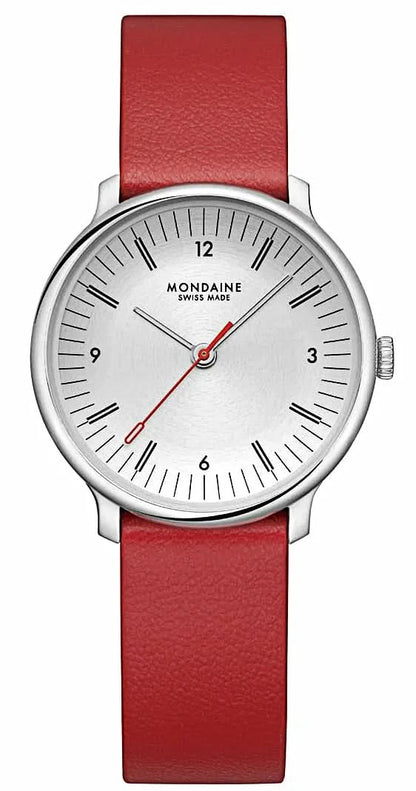 Damklocka med rött läderarmband och silverfärgat hölje, vit urtavla med index.