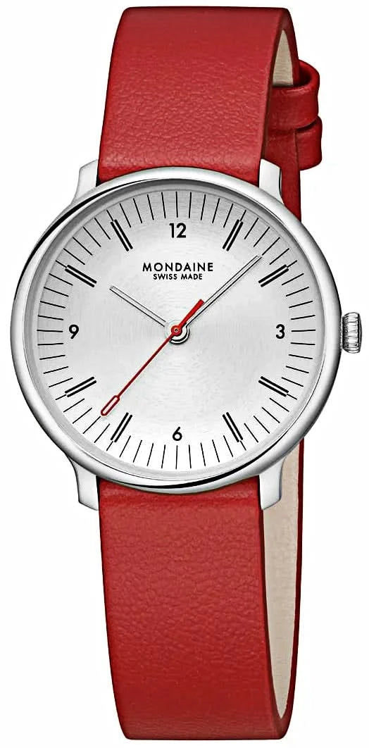 Damklocka med rött läderarmband, boett i silver och vit urtavla.