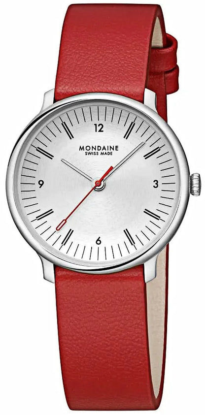 Damklocka med rött läderarmband, boett i silver och vit urtavla.