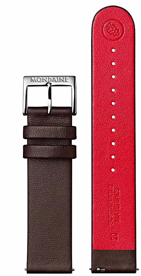 Herrklockarmband i detalj: brun baksida och röd utsida med präglingar