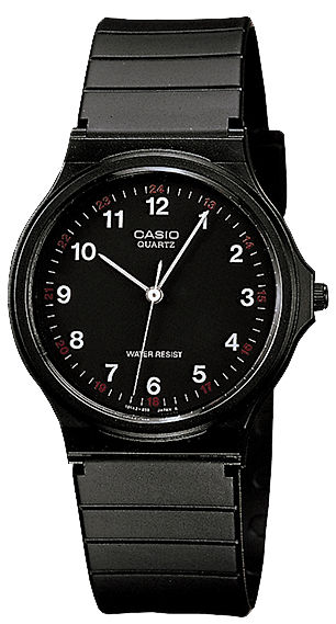 Casio armbandsur med svart metallarmband och rund, svart urtavla, analog visning