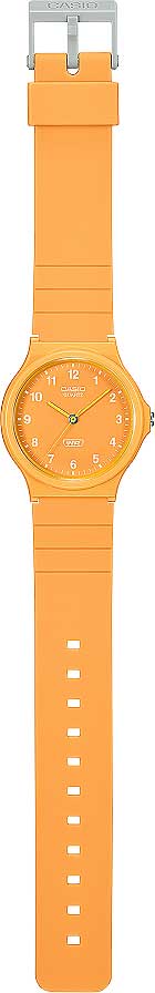 Damklocka i profil med orange silikonarmband och rund urtavla