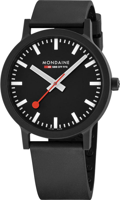 "Mondaine-klocka med svart urtavla och svart armband, orange sekundvisare"