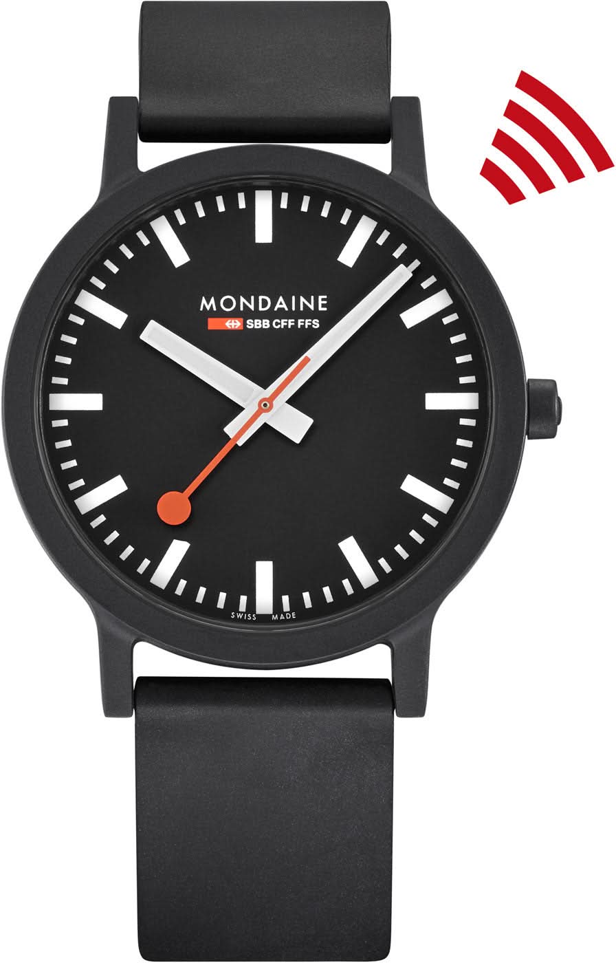 "Mondaine-klocka med svart urtavla, svart armband och orange sekundvisare"