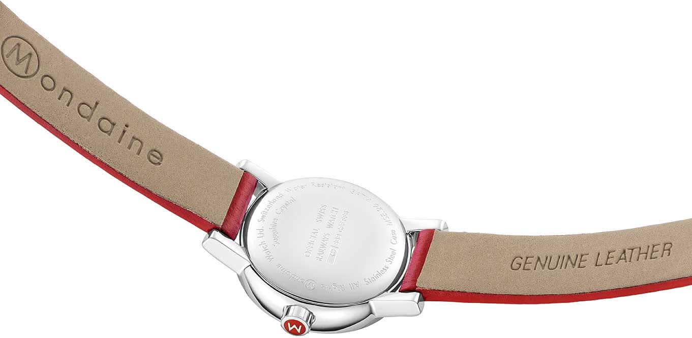 Damklocka med rött läderarmband, innertryck ”GENUINE LEATHER” och spänne