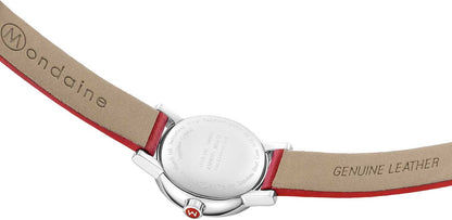 Damklocka med rött läderarmband, innertryck ”GENUINE LEATHER” och spänne