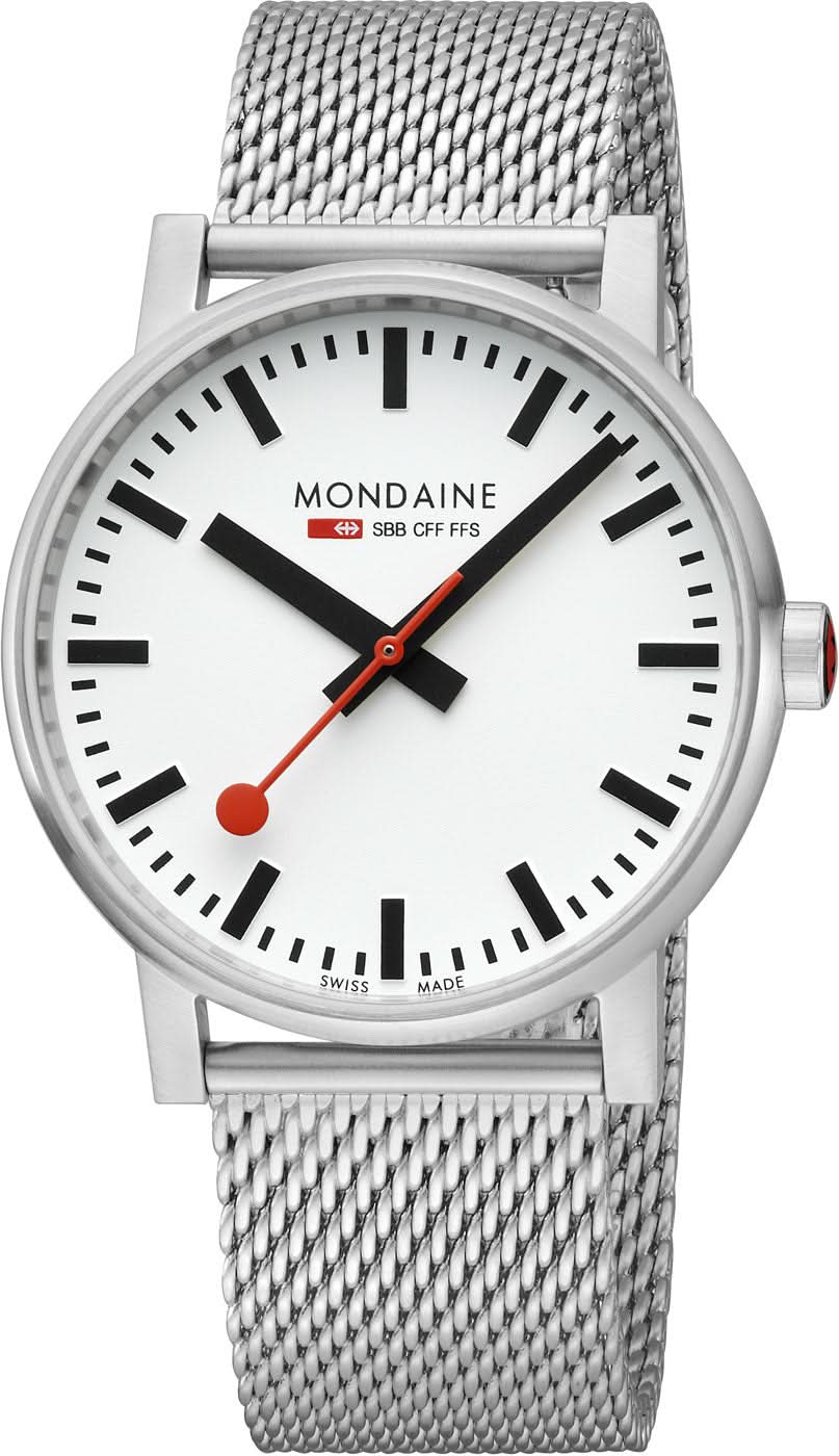 Mondaine herrur med silverfärgat mesh-armband och vit urtavla, röd sekundvisare