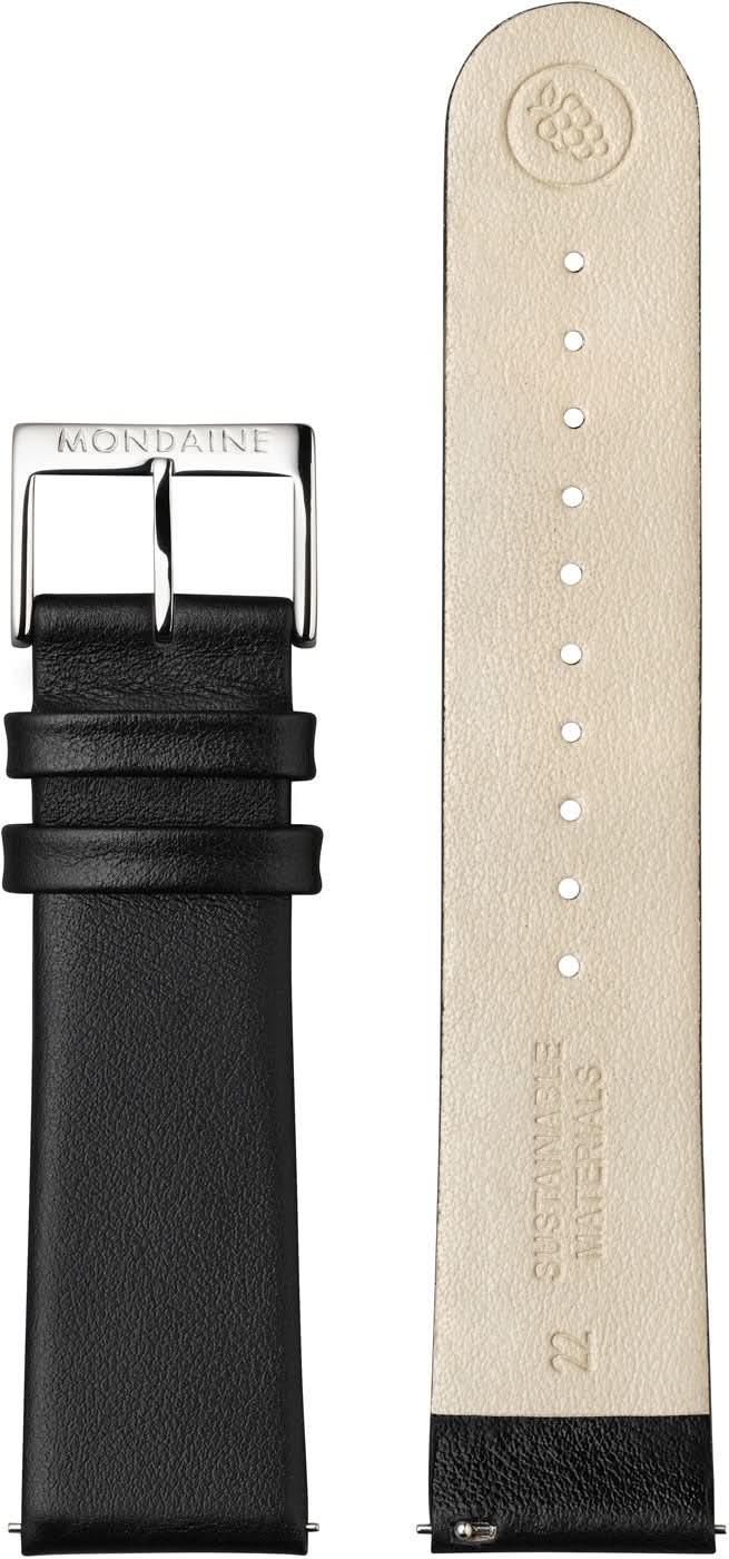 Utbytbara armband: svart och beige läderband med stiftspänne.