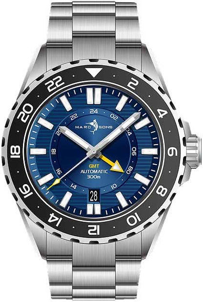 Herrklocka: blå urtavla, GMT-visning, stålarmband och svart bezel.