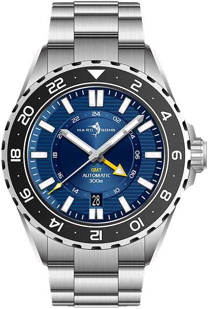 Herrklocka: blå urtavla, GMT-visning, stålarmband och svart bezel.