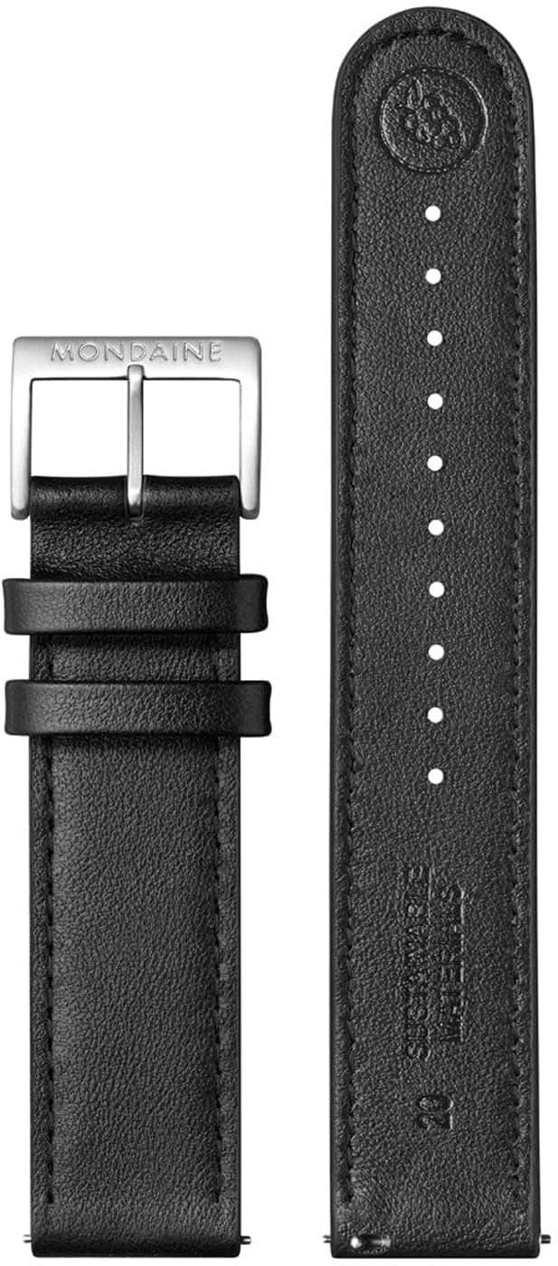 Svart läderarmband med stiftspänne, synliga dekorativa sömmar och justeringshål