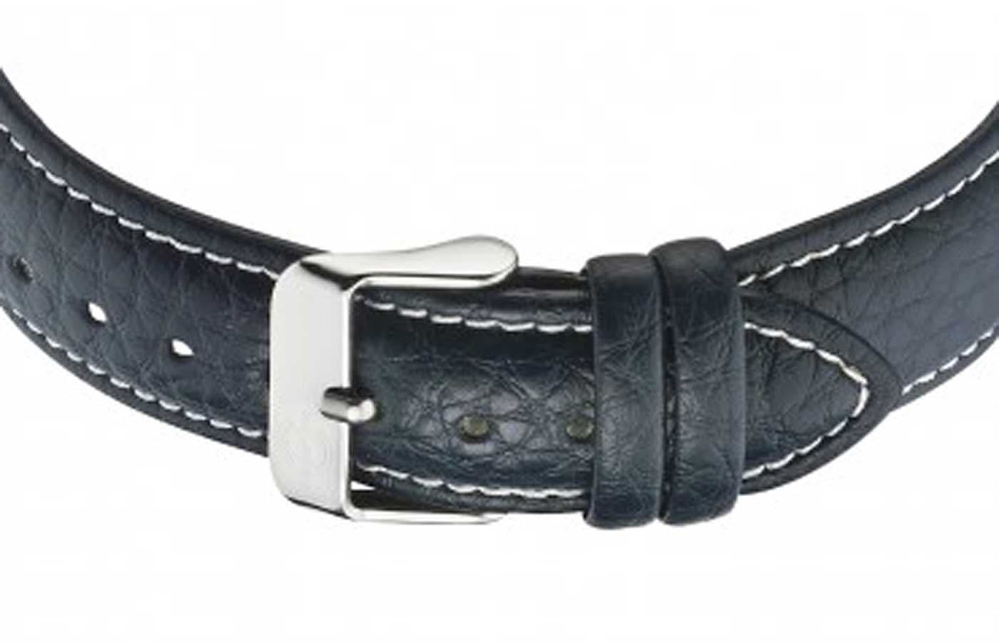 Läderarmband med spänne till herrklocka i mörkblått, med dekorativa sömmar