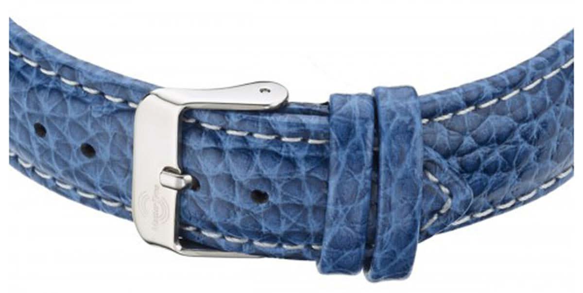 Klockarmband för herrar: blått läder med spänne och synliga dekorativa sömmar