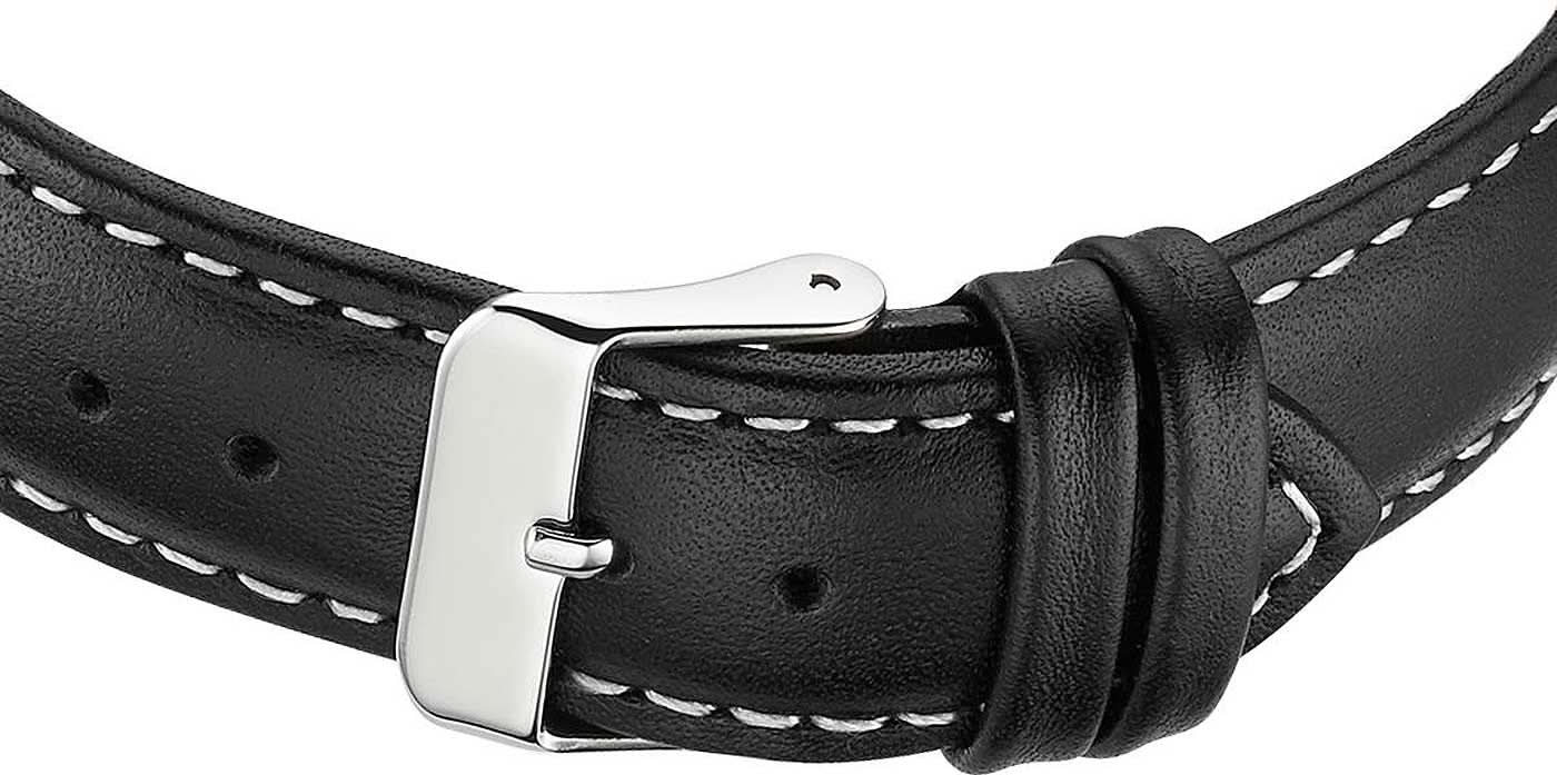 Svart läderarmband med dornspänne och silverspänne, dekorativa sömmar