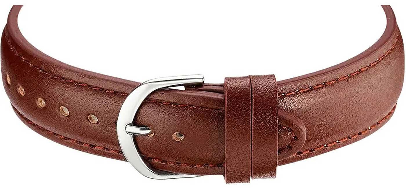 Brunt läderarmband för herrklocka med spänne och nitar.