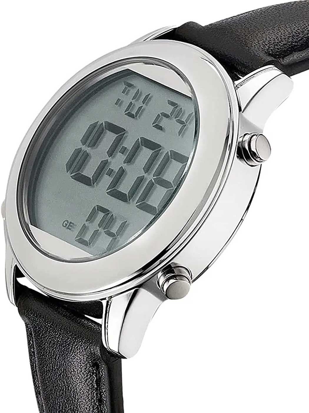 Herrklocka med svart läderband, silverfärgat hölje och digital display i detalj.