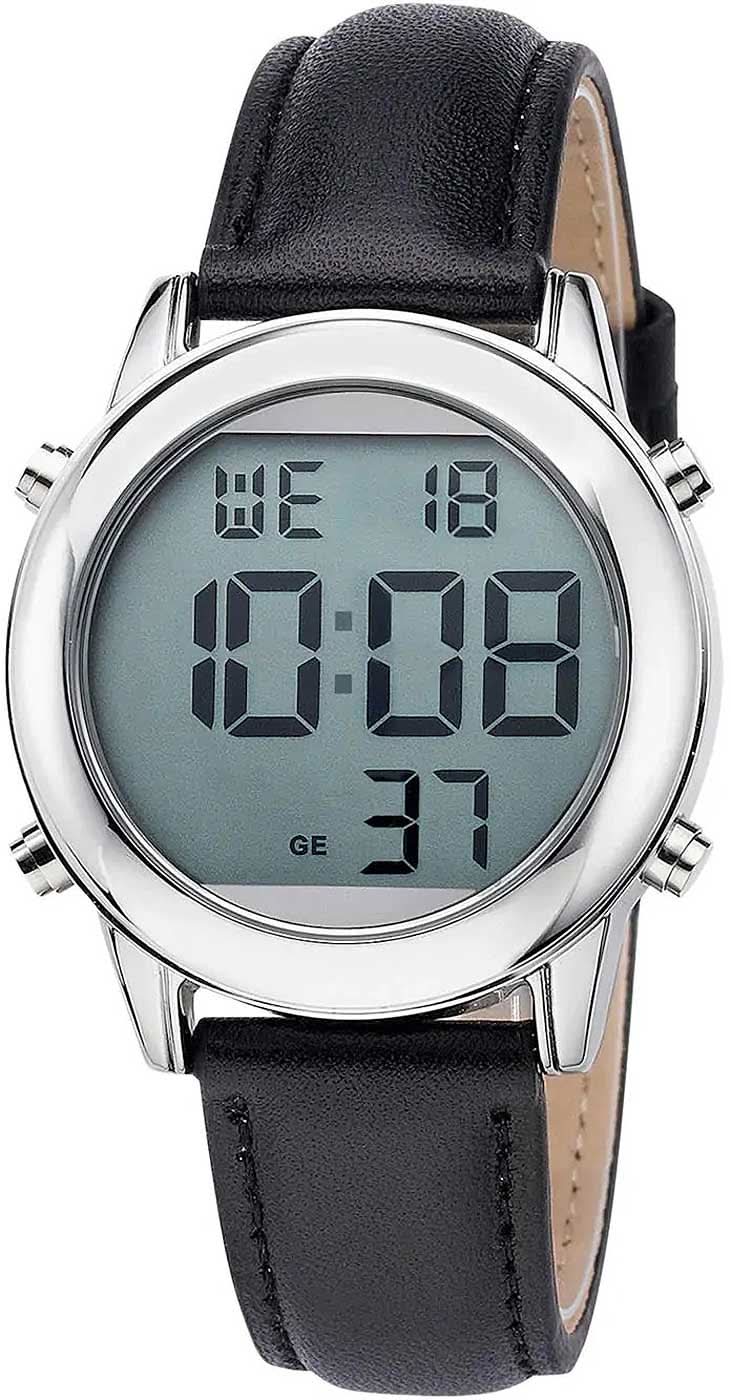 Master Time radiostyrd klocka för män med svart läderarmband, silverfärgat hölje och digital display.