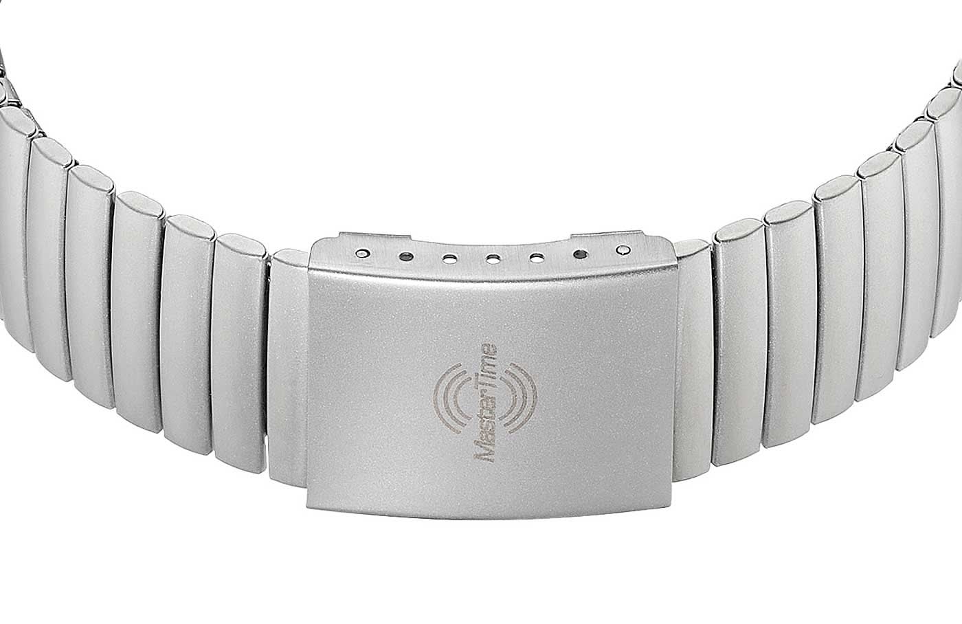 Herrklocka med armband i silverfärgat rostfritt stål och spänne med prägling på baksidan