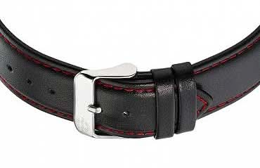 Master Time herrur: svart läderarmband med röd dekorativ söm och stiftspänne