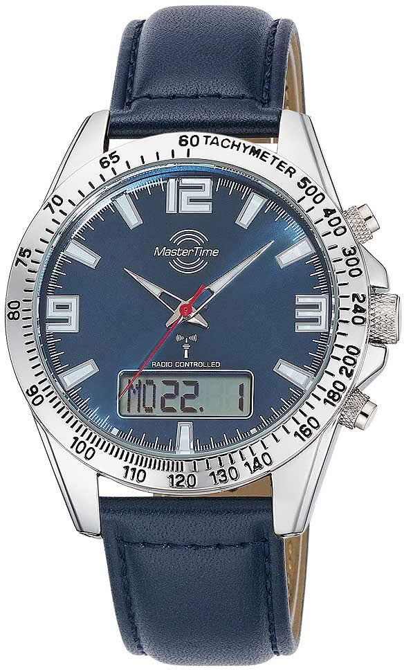 Herrklocka med blå urtavla, tachymeter-ring och läderarmband