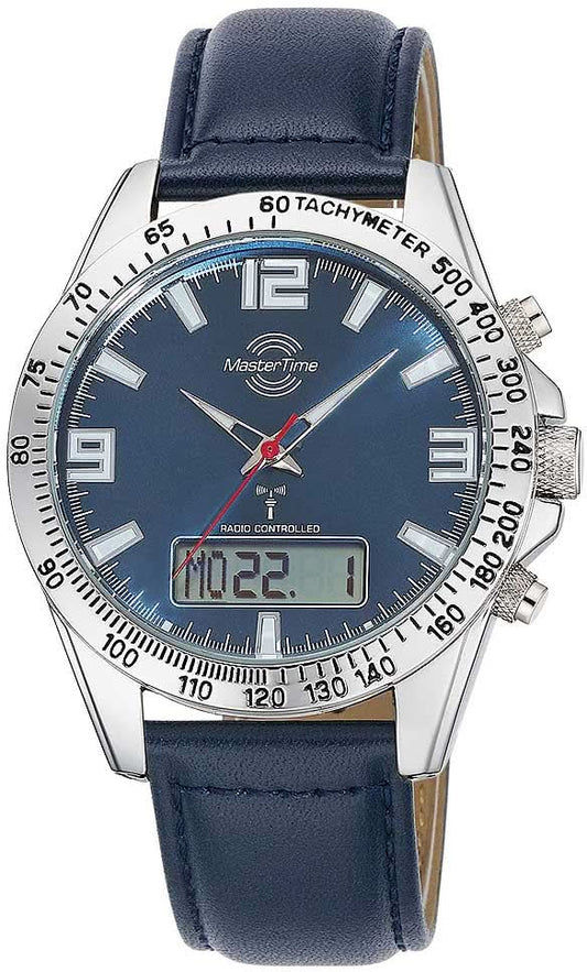 Herrklocka med blå urtavla, tachymeter-ring och läderarmband
