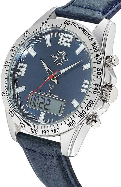 Herrklocka med blå urtavla, tachymeter-ring och läderarmband