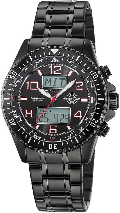 Svart herrklocka med metallarmband, analoga visare och digital display