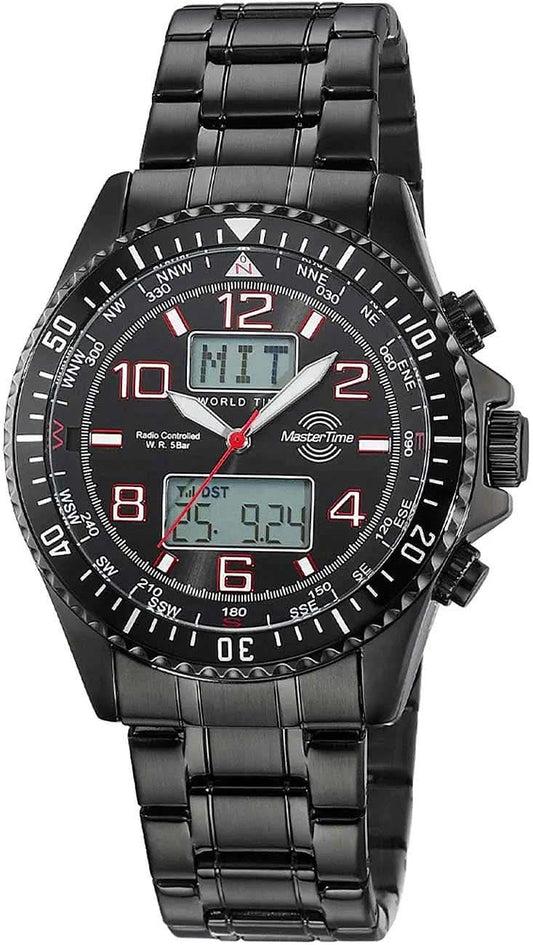 Svart herrklocka med metallarmband, analoga visare och digital display