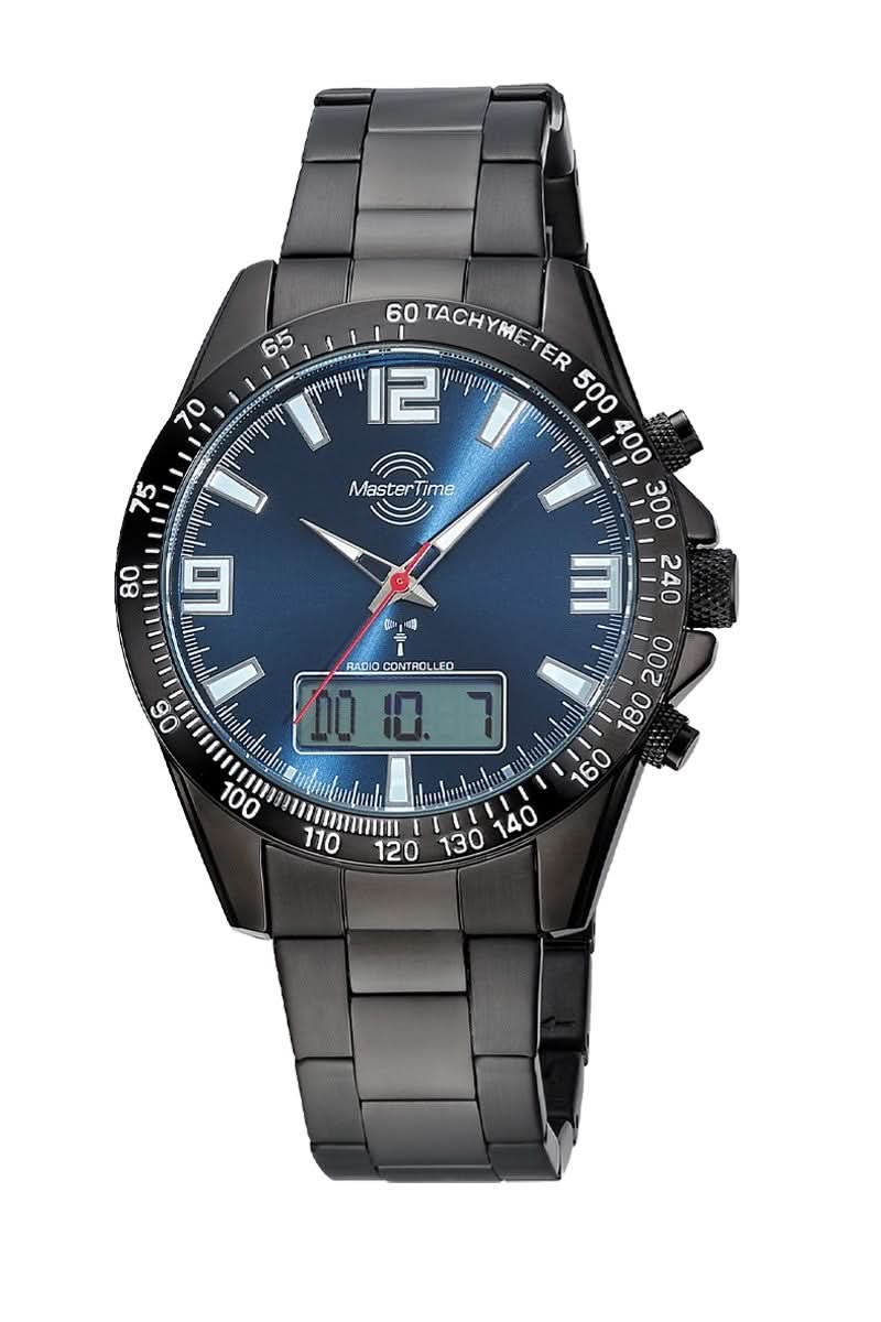 Herrarmbandsur med blå urtavla, svart metallarmband och Big Date-funktion