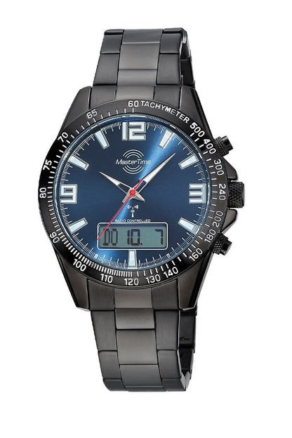 Herrarmbandsur med blå urtavla, svart metallarmband och Big Date-funktion