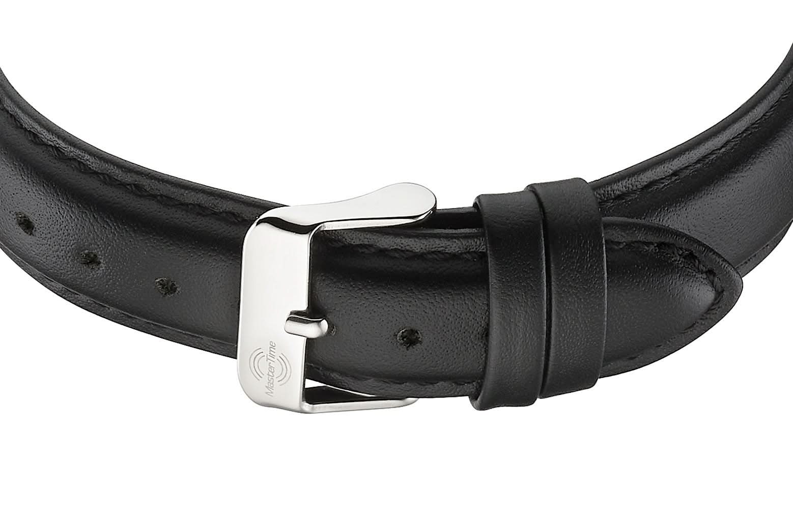 Herrarmbandsur med svart läderarmband, metallspänne och stiftspänne