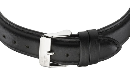 Herrarmbandsur med svart läderarmband, metallspänne och stiftspänne