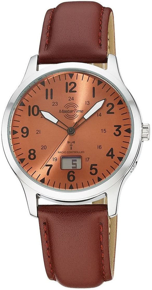 Herrklocka med brunt läderarmband, orange urtavla och silverfärgad infattning