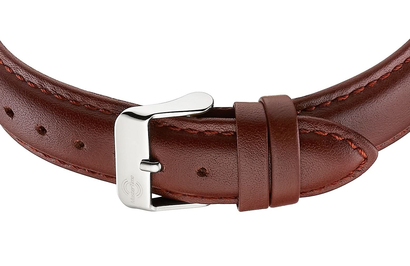 Herrklockarmband: brunt läder med stiftspänne och silverfärgat spänne
