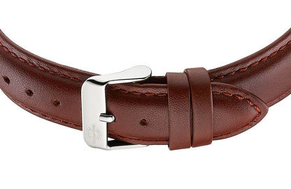 Herrklockarmband: brunt läder med stiftspänne och silverfärgat spänne