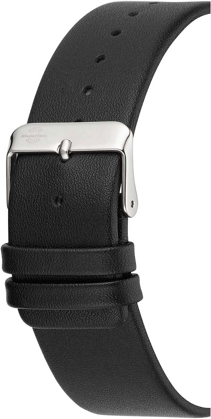 Herrklocka: svart läderarmband med stiftspänne och metallboett