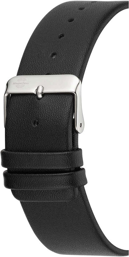 Herrklocka: svart läderarmband med stiftspänne och metallboett