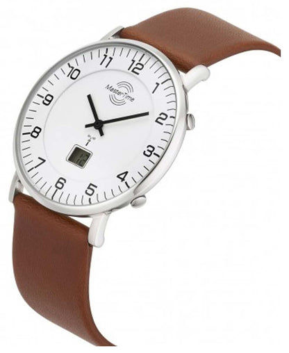 Herrklocka med vit urtavla och brunt läderarmband, sidovy