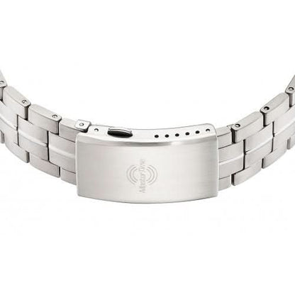 Herrklocka med armband och spänne i metallfärg, ingraverat Funkzeit-märke