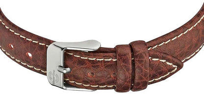 Damklocka med brunt läderarmband och spänne, närbild