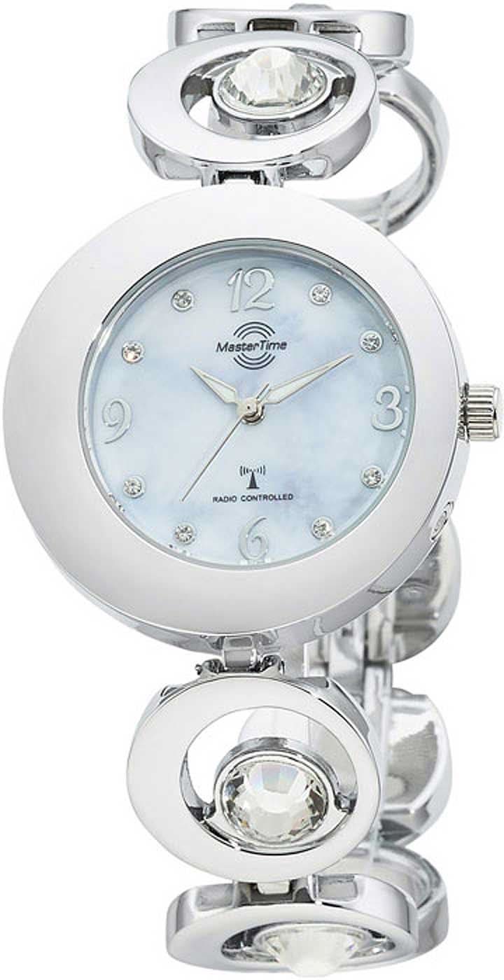 Damklocka med runt boett i silver, blå urtavla och metallarmband
