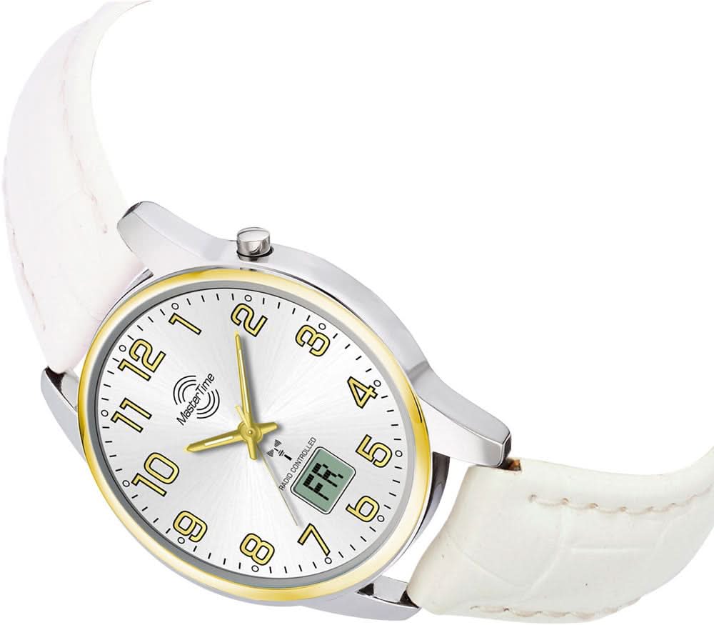 "Damklocka med vitt läderarmband, silverfärgat hölje och gula timmarkeringar"
