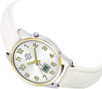 "Damklocka med vitt läderarmband, silverfärgat hölje och gula timmarkeringar"