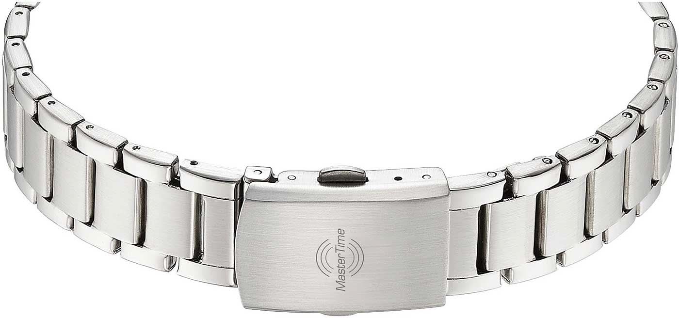 Armbandspänne i metall med radio-symbol på silverfärgat lås