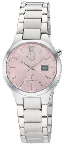 "Damklocka i rostfritt stål med rosafärgad urtavla, analoga visare och digitalt fält"